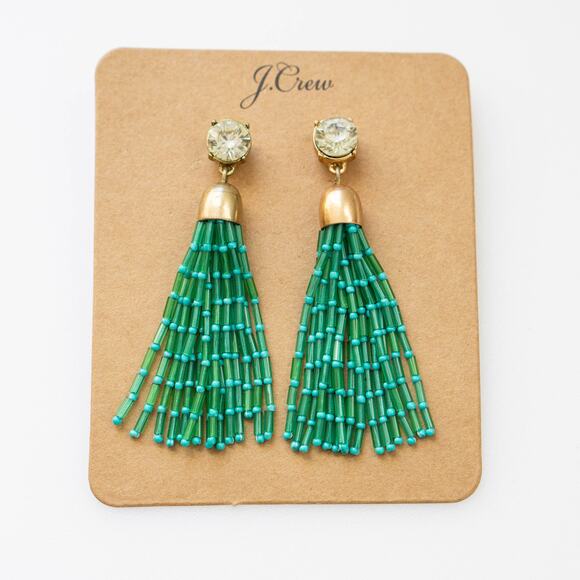 J.CREW Mixed Beaded Tassel Earrings Frosty Emerald Green - Picture 2 of 6